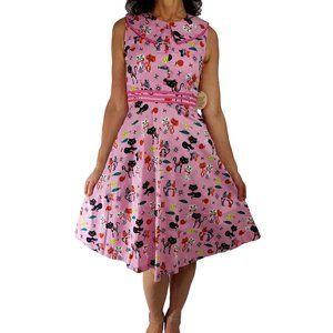 Pink Kitty Atomic Print Cotton Dress Rockabilly